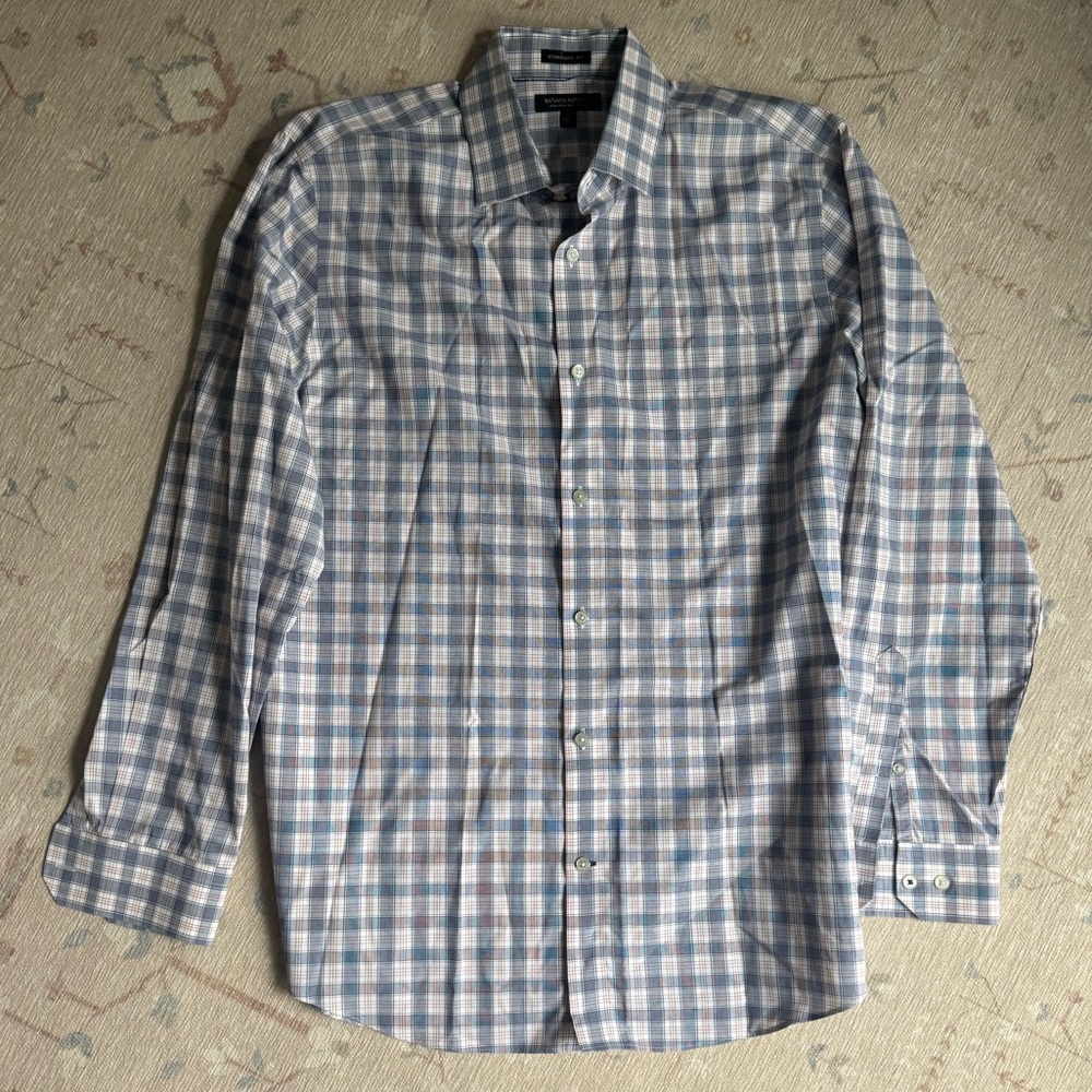 Banana Republic Men's Blue and White Plaid Shirt